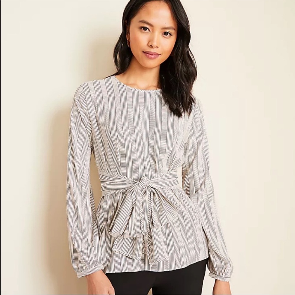 Striped Long Sleeve Blouse with Tie Waist